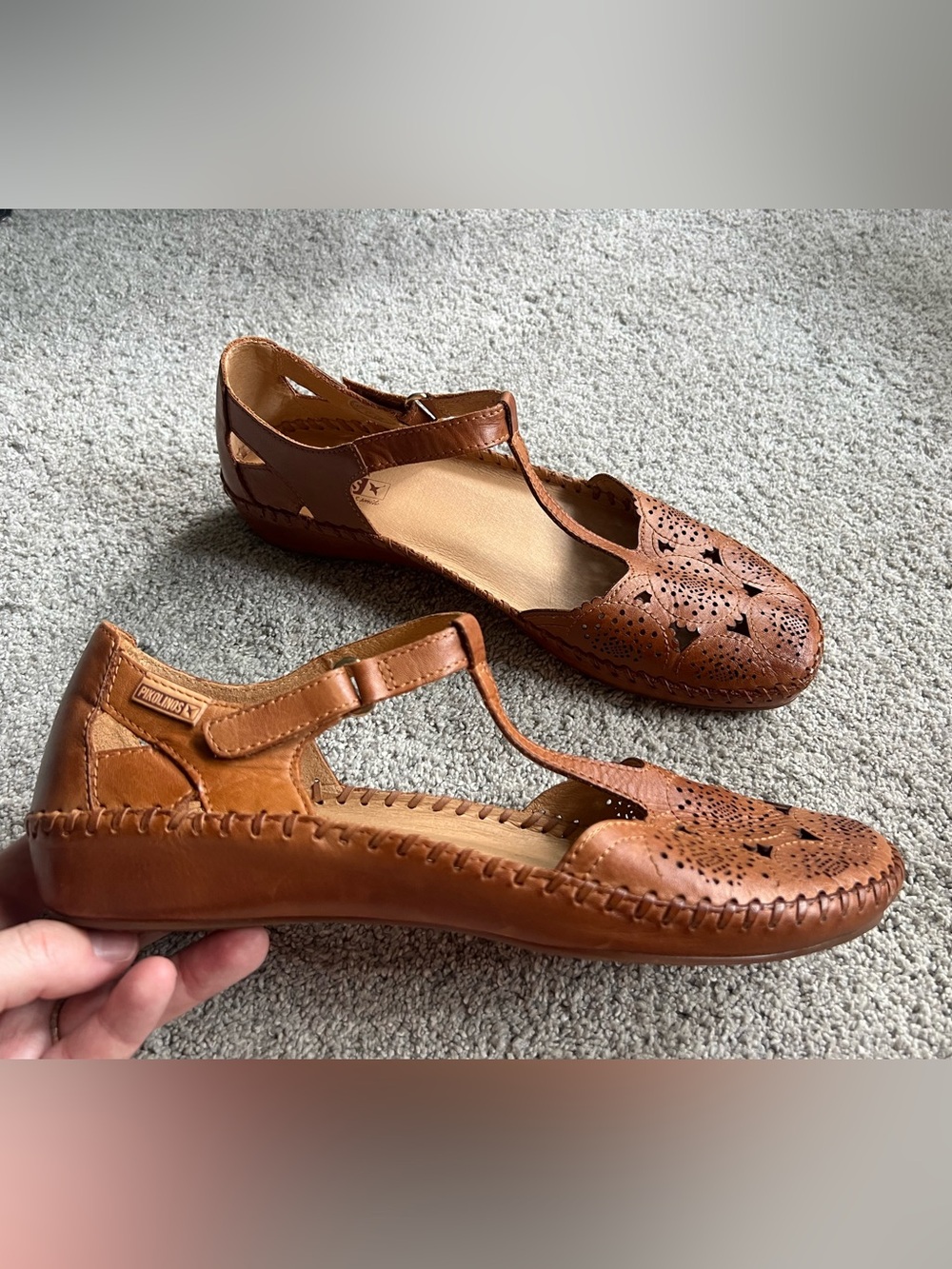 New Pikolinos Women's Size 42 P. Vallarta Punched Leather T-Strap Sandal Brandy